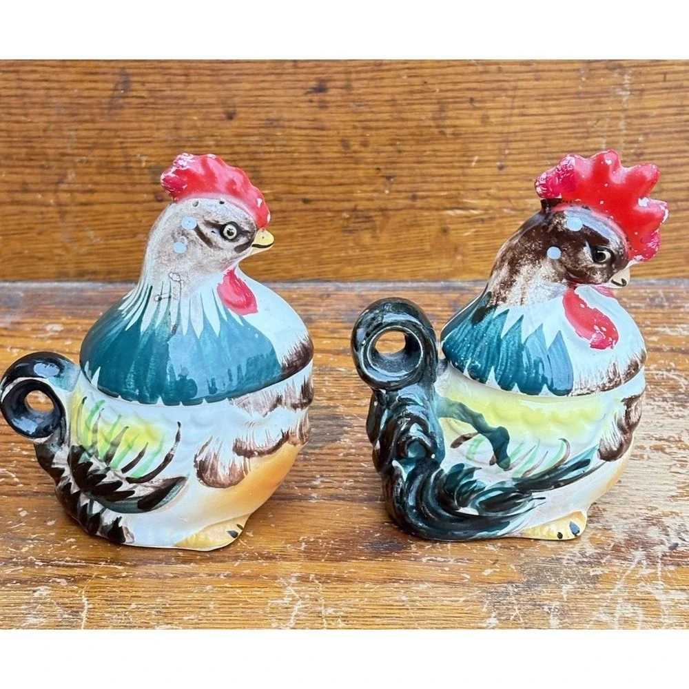Rooster & Hen Chicken Salt Pepper/Sugar Creamer Folk Art Farmhouse  Japan